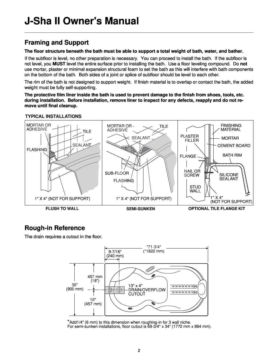 Jacuzzi J-SHA manual Framing and Support, Rough-in Reference, Typical Installations 