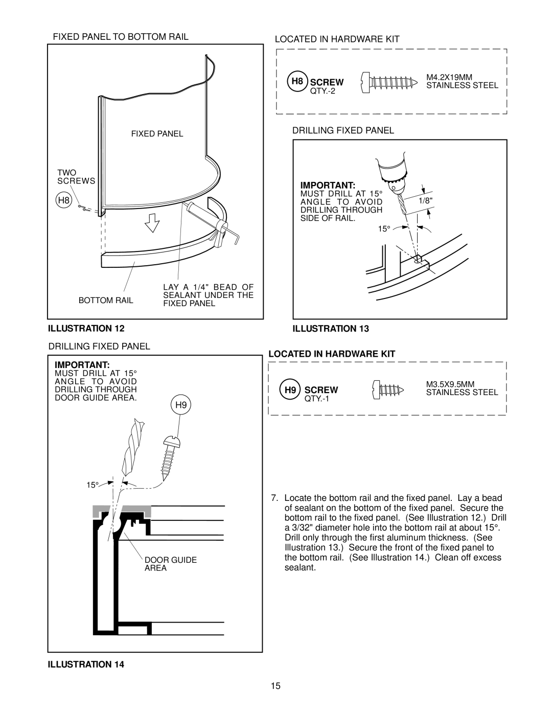 Jacuzzi J-SHOWER TOWERTM manual Fixed Panel to Bottom Rail Located in Hardware KIT, Drilling Fixed Panel 