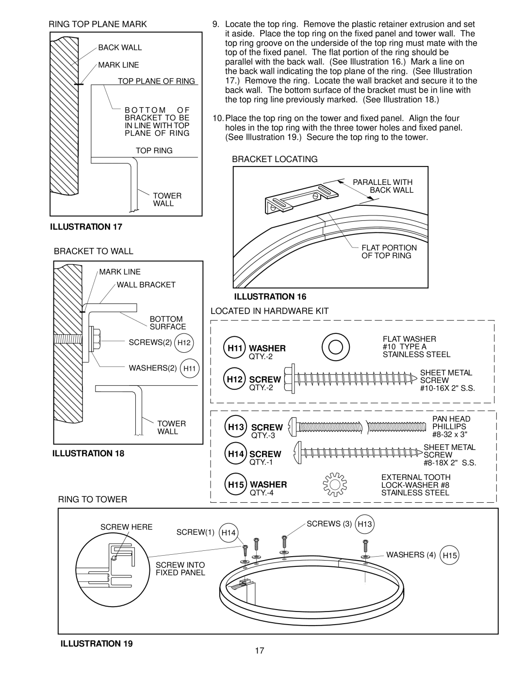 Jacuzzi J-SHOWER TOWERTM manual Ring TOP Plane Mark, Bracket to Wall, Bracket Locating, Ring to Tower 