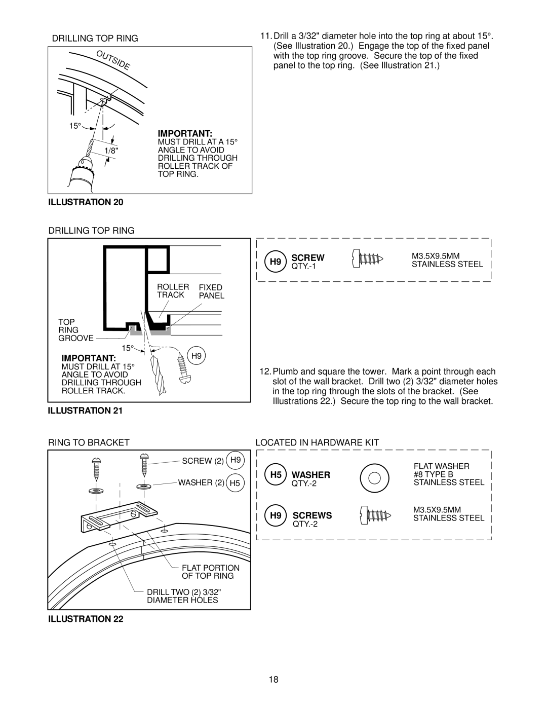 Jacuzzi J-SHOWER TOWERTM manual Drilling TOP Ring, Ring to Bracket, Illustration Screw, Screws 