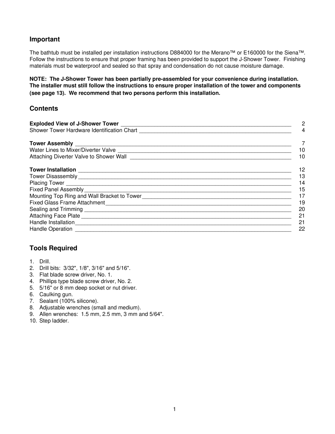 Jacuzzi J-SHOWER TOWERTM manual Contents 