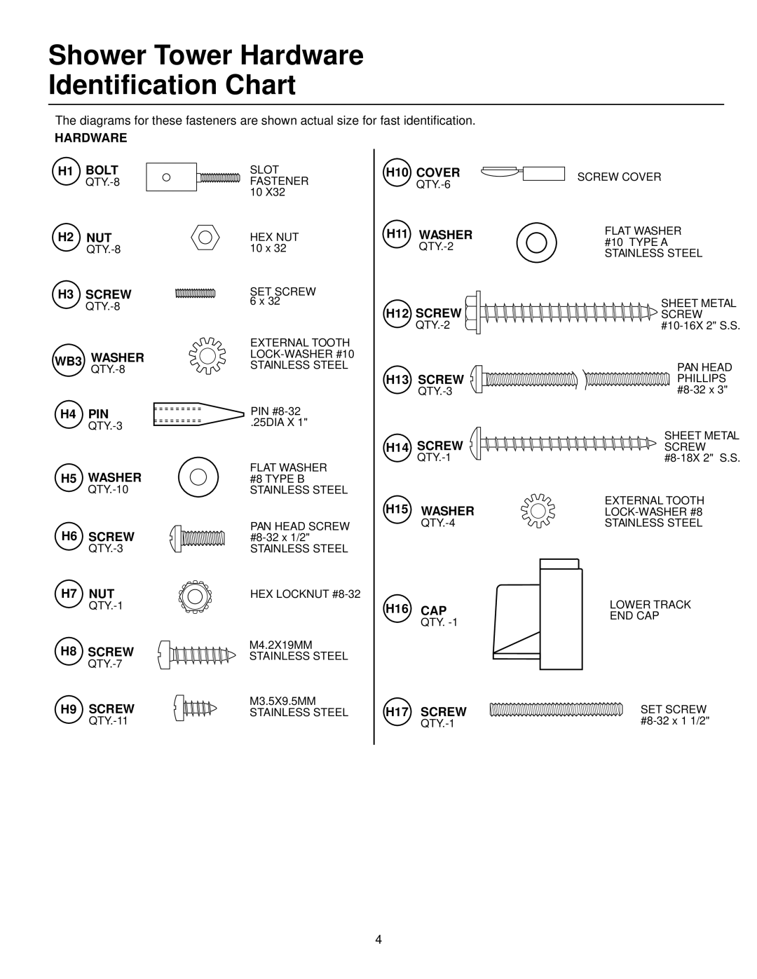 Jacuzzi J-SHOWER TOWERTM Hardware H1 Bolt, H2 NUT, H3 Screw, WB3 Washer, H4 PIN, H5 Washer, H6 Screw, H7 NUT, H8 Screw 