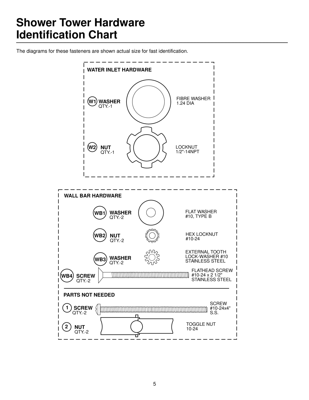 Jacuzzi J-SHOWER TOWERTM manual Water Inlet Hardware Washer, W2 NUT, Wall BAR Hardware WB1 Washer, WB2 NUT, WB4 Screw 