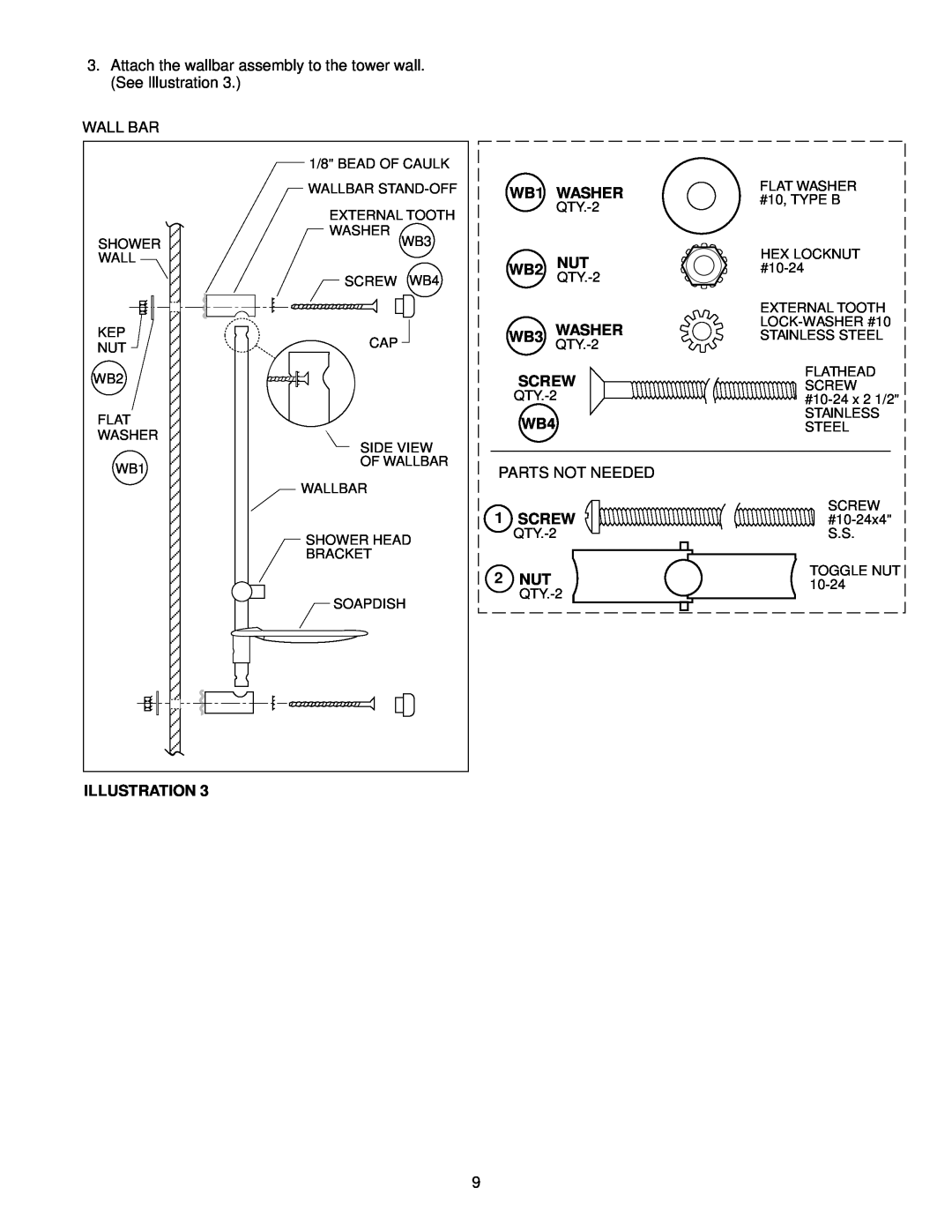 Jacuzzi J-SHOWER TOWERTM manual Attach the wallbar assembly to the tower wall. See Illustration, Wall Bar, Washer, Screw 
