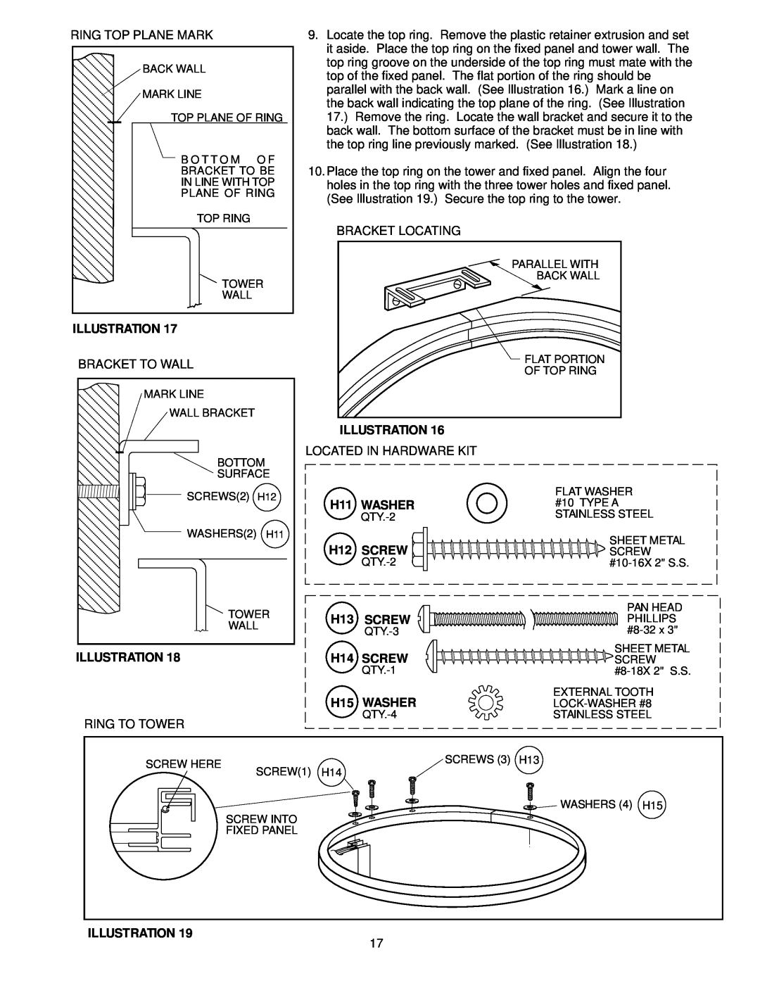 Jacuzzi J-SHOWER TOWERTM manual Illustration, H11 WASHER, H12 SCREW, H13 SCREW, H14 SCREW, H15 WASHER 