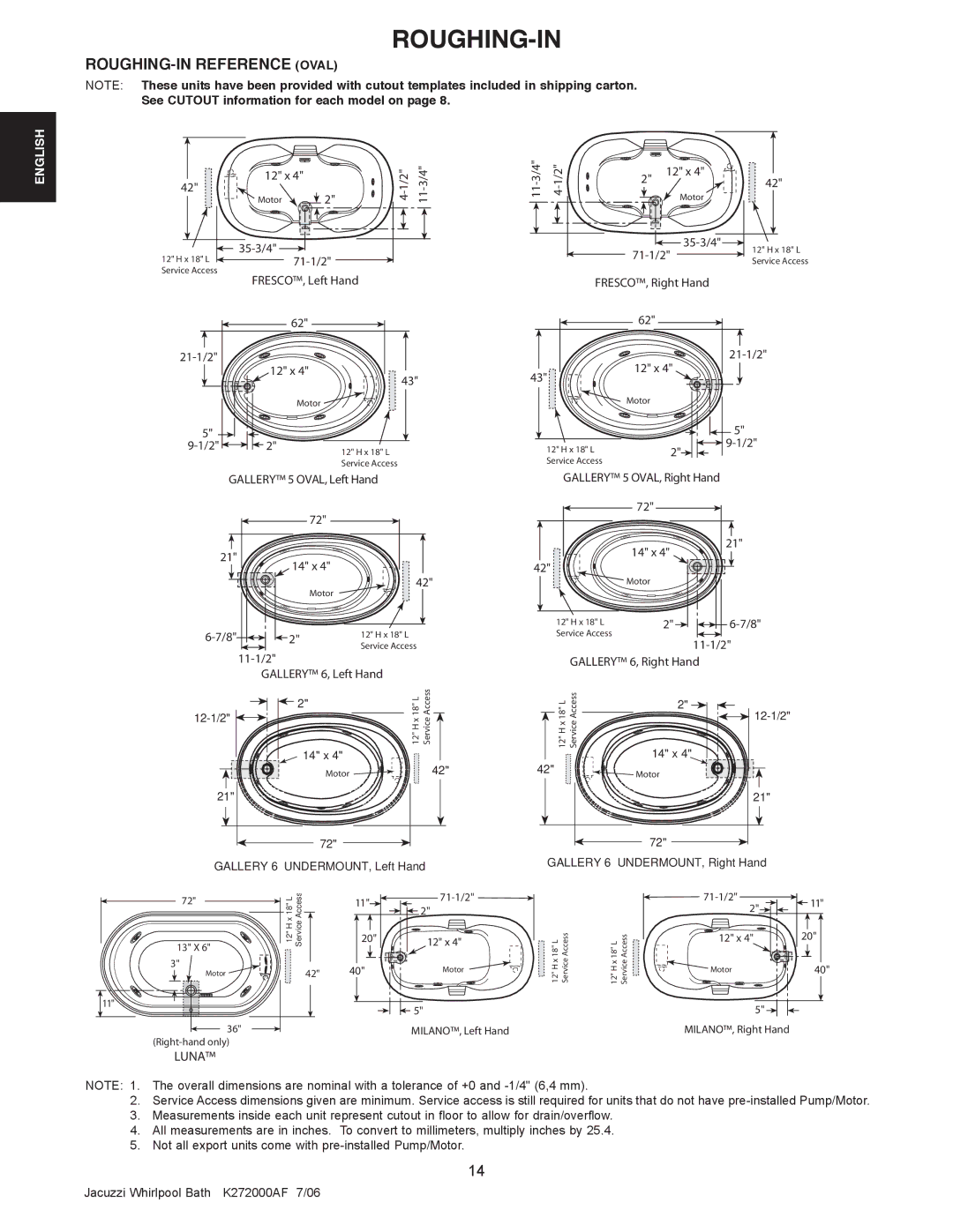 Jacuzzi K272000AF 7/06 manual ROUGHING-IN Reference Oval 