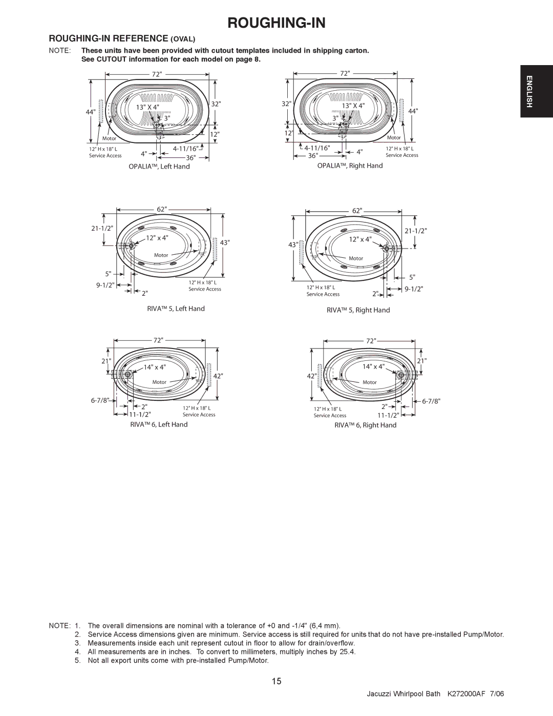 Jacuzzi K272000AF 7/06 OPALIA, Left Hand, OPALIA, Right Hand, Riva 5, Left Hand, Riva 6, Left Hand Riva 6, Right Hand 