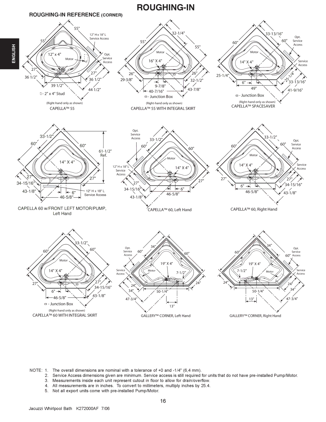 Jacuzzi K272000AF 7/06 manual ROUGHING-IN Reference Corner, Capella 60 with Integral Skirt, Capella 60, Right Hand 