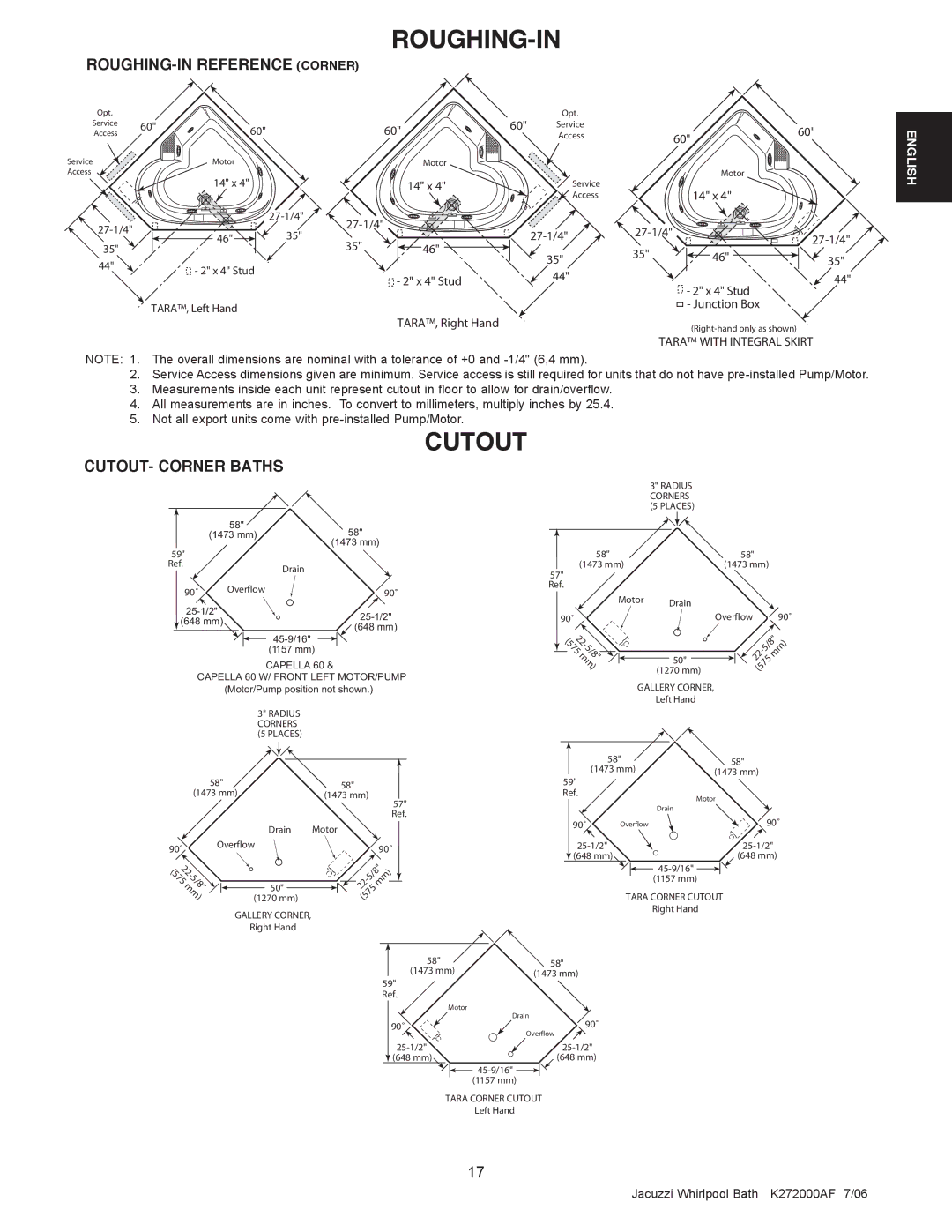 Jacuzzi K272000AF 7/06 manual Cutout, CUTOUT- Corner Baths 