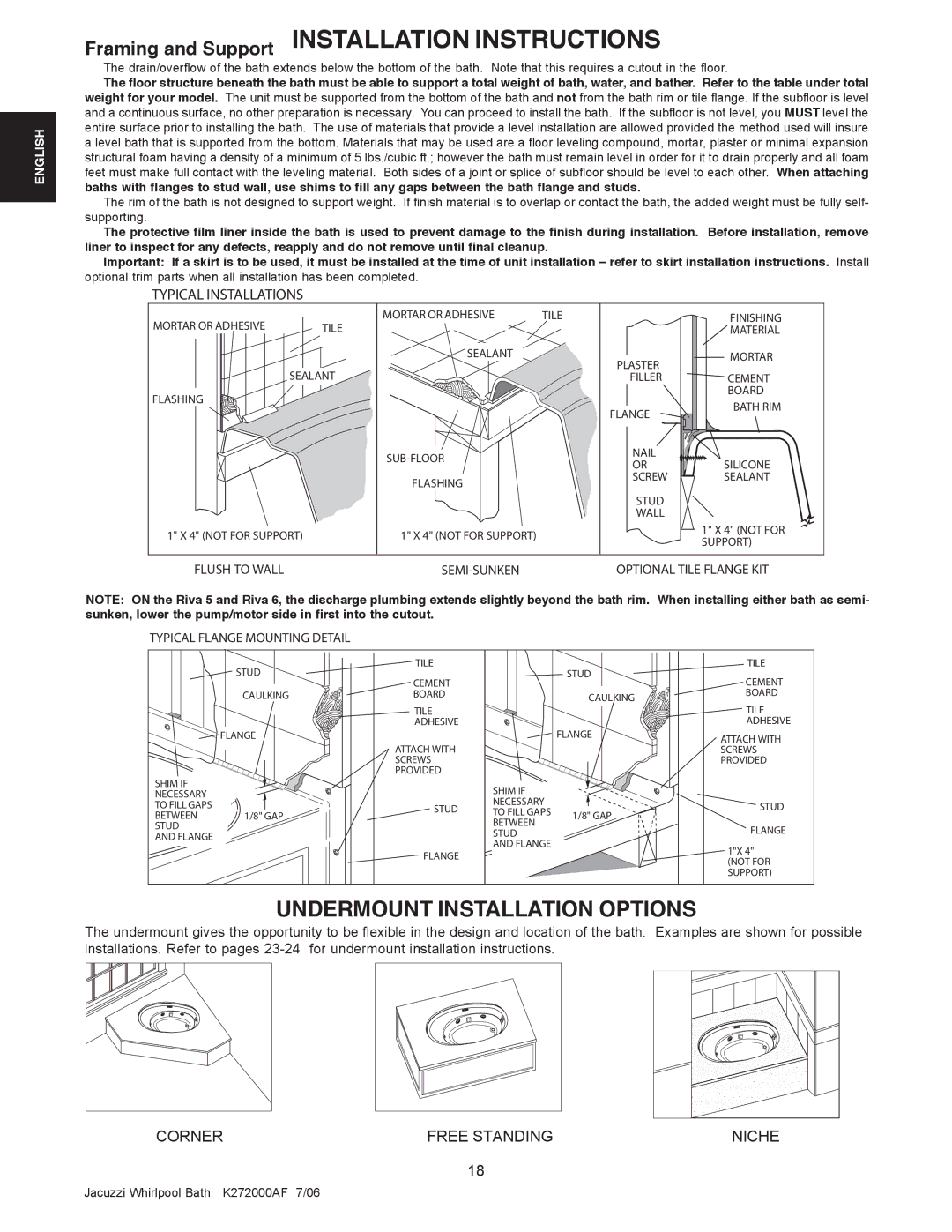 Jacuzzi K272000AF 7/06 manual Typical Installations, Flush to Wall SEMI-SUNKEN, Typical Flange Mounting Detail 