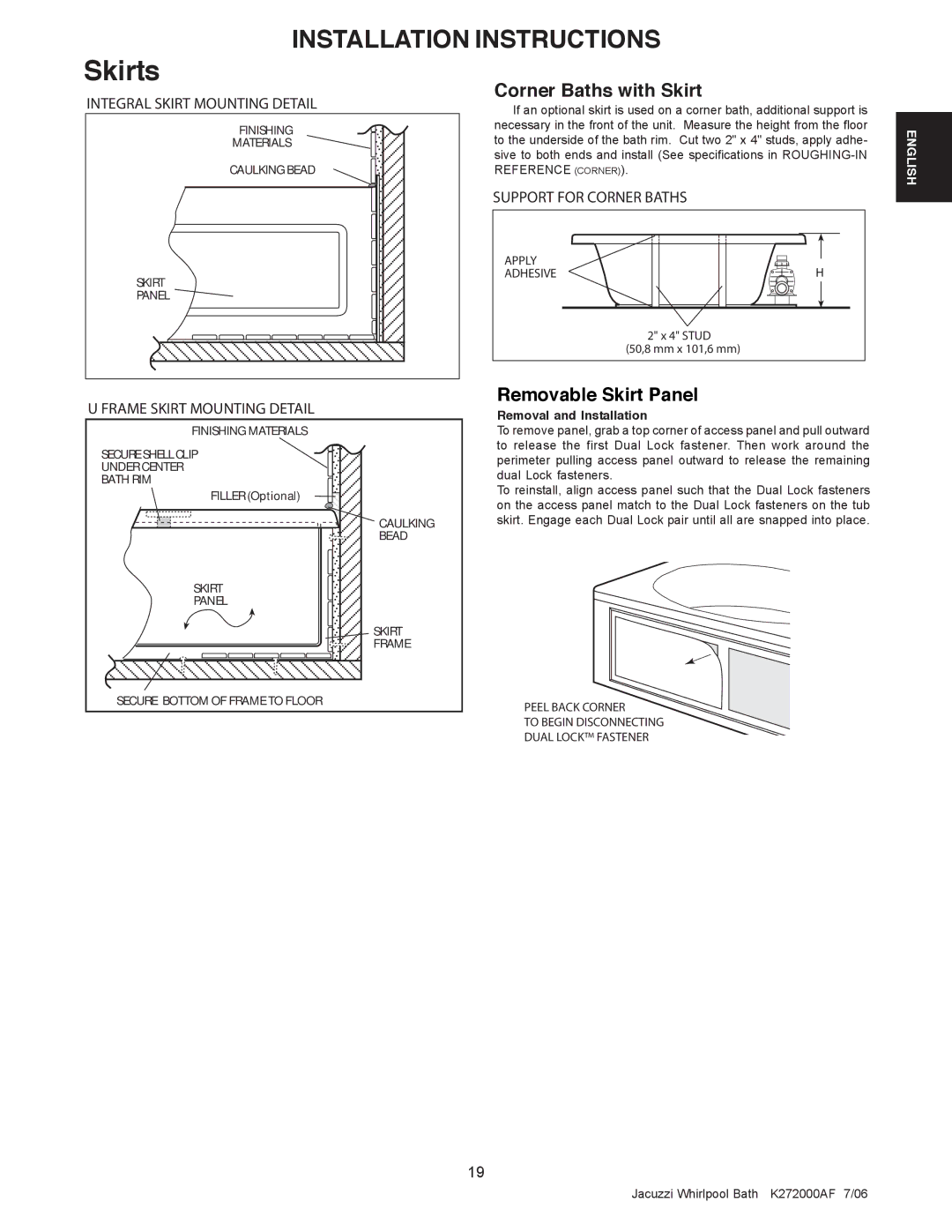 Jacuzzi K272000AF 7/06 manual Installation Instructions, Corner Baths with Skirt, Integral Skirt Mounting Detail 