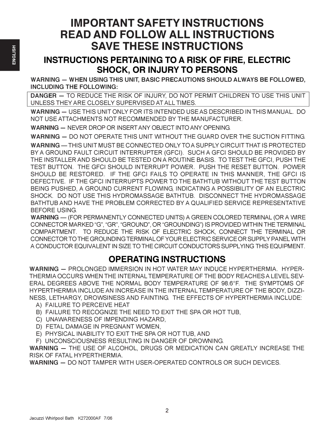Jacuzzi K272000AF 7/06 manual English 
