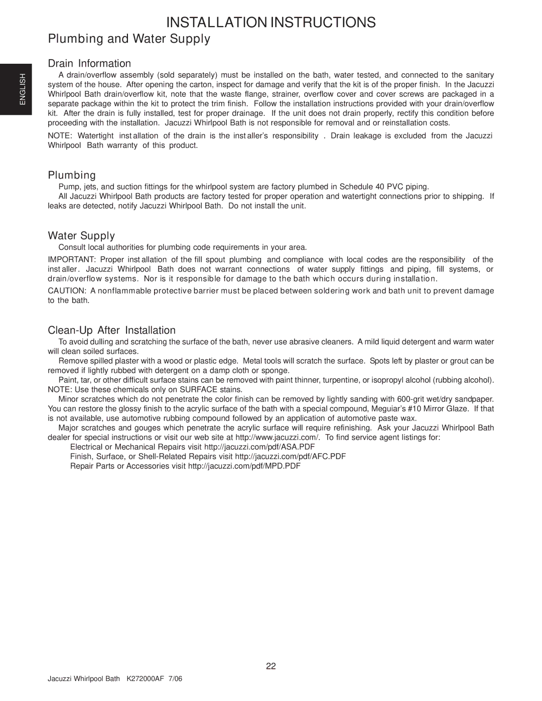 Jacuzzi K272000AF 7/06 manual Drain Information, Plumbing, Water Supply, Clean-Up After Installation 
