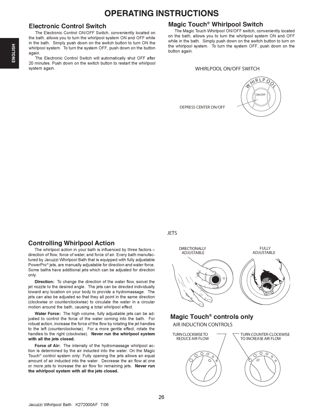 Jacuzzi K272000AF 7/06 manual Electronic Control Switch, Controlling Whirlpool Action, Magic Touch Whirlpool Switch 