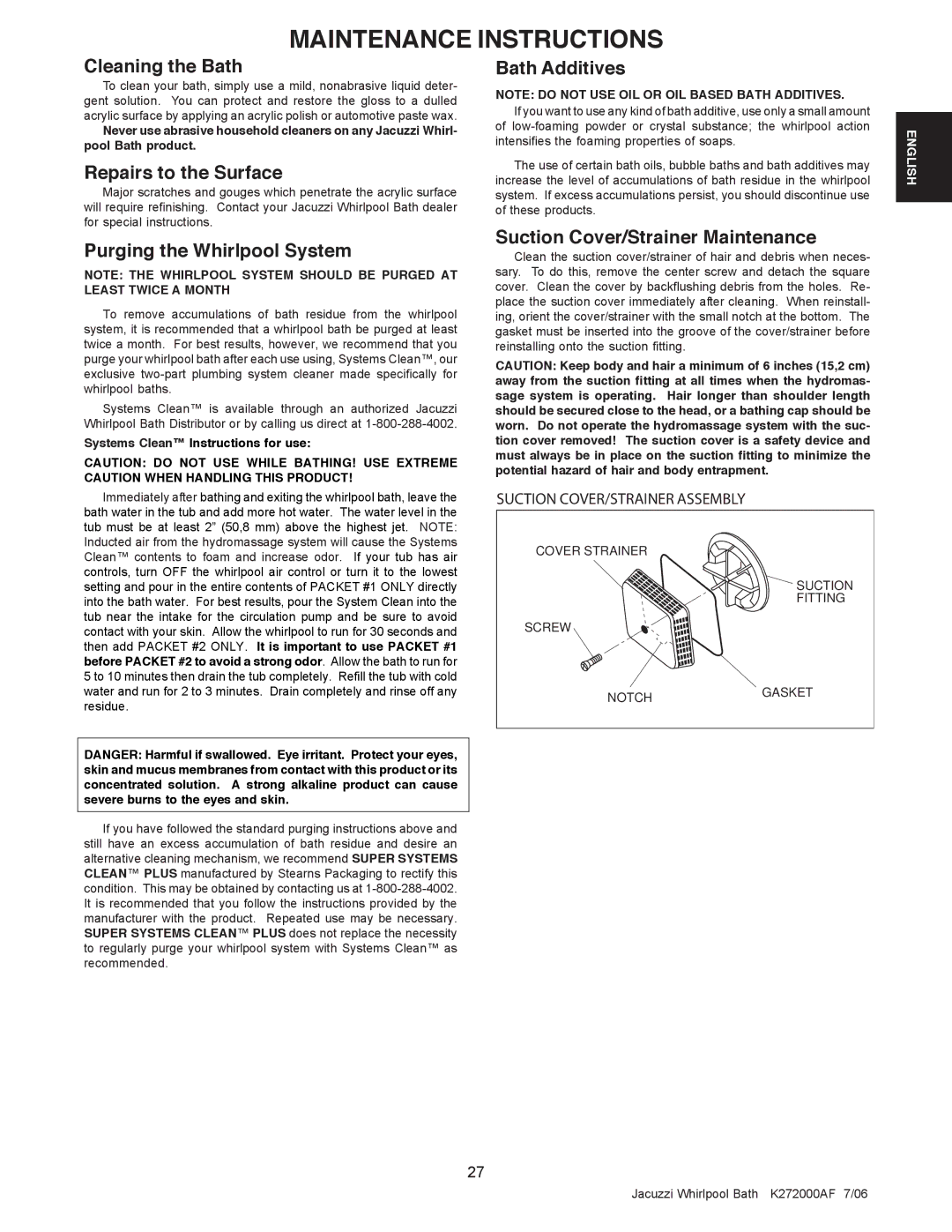 Jacuzzi K272000AF 7/06 manual Maintenance Instructions 