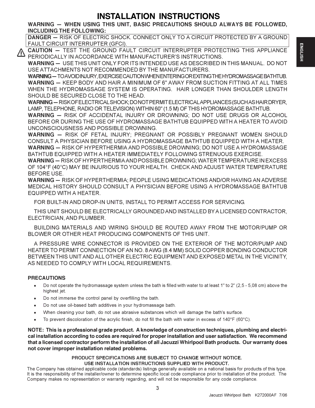 Jacuzzi K272000AF 7/06 manual Installation Instructions, Precautions 