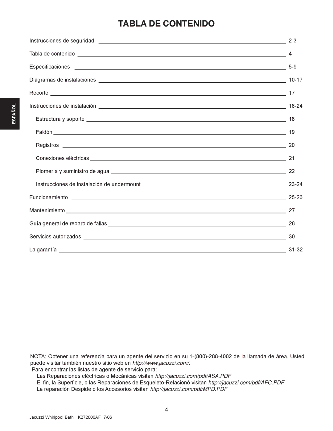 Jacuzzi K272000AF 7/06 manual Tabla DE Contenido 