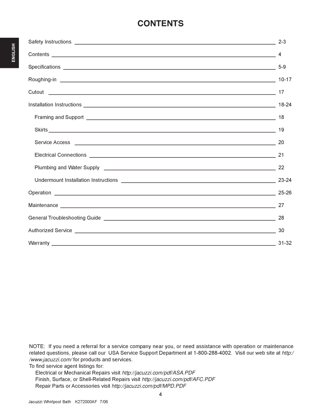 Jacuzzi K272000AF 7/06 manual Contents 