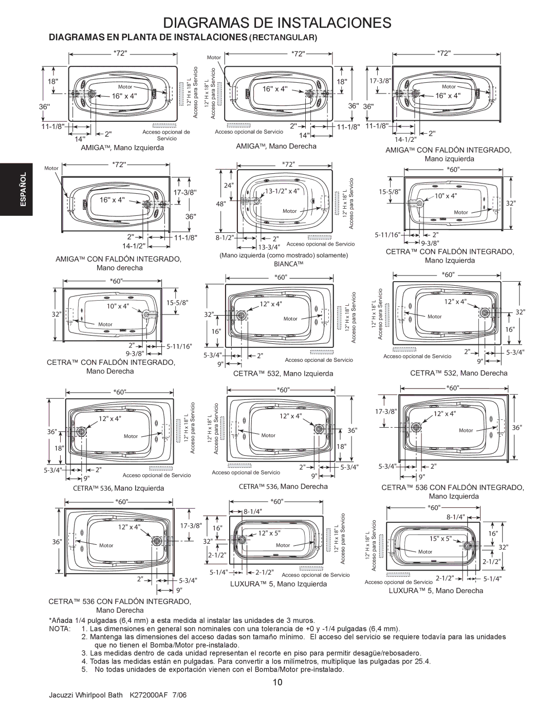 Jacuzzi K272000AF 7/06 manual Amiga CON Faldón Integrado, Cetra CON Faldón Integrado, Bianca, Cetra 536, Mano Derecha 