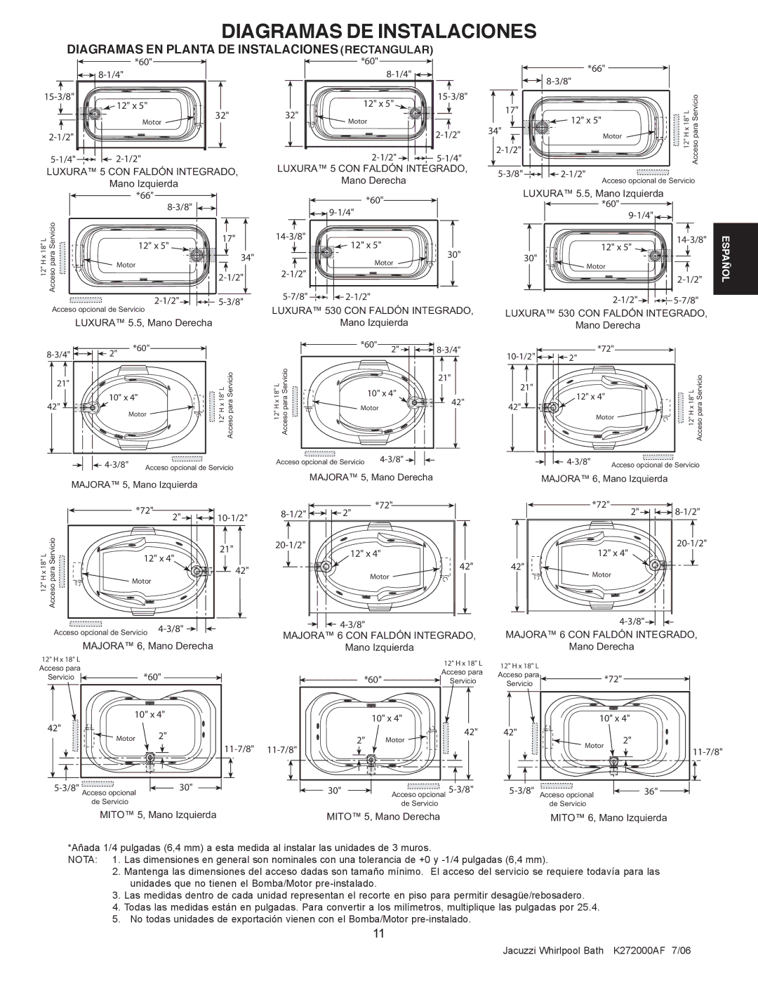 Jacuzzi K272000AF 7/06 manual Diagramas DE Instalaciones, Diagramas EN Planta DE Instalaciones Rectangular 