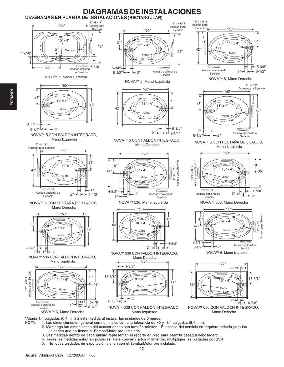 Jacuzzi K272000AF 7/06 manual Nova 5 CON Faldón Integrado, Nova 5 CON Pestaña DE 3 Lados, Nova 636 CON Faldón Integrado 