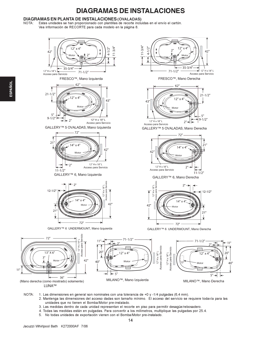 Jacuzzi K272000AF 7/06 manual Diagramas EN Planta DE Instalaciones Ovaladas, Gallery 5 OVALADAS, Mano Izquierda 