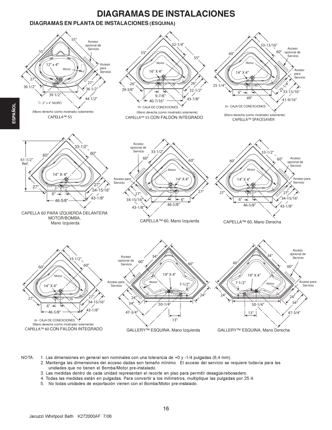 Jacuzzi K272000AF 7/06 manual Diagramas EN Planta DE Instalaciones Esquina, Capella Spacesaver 