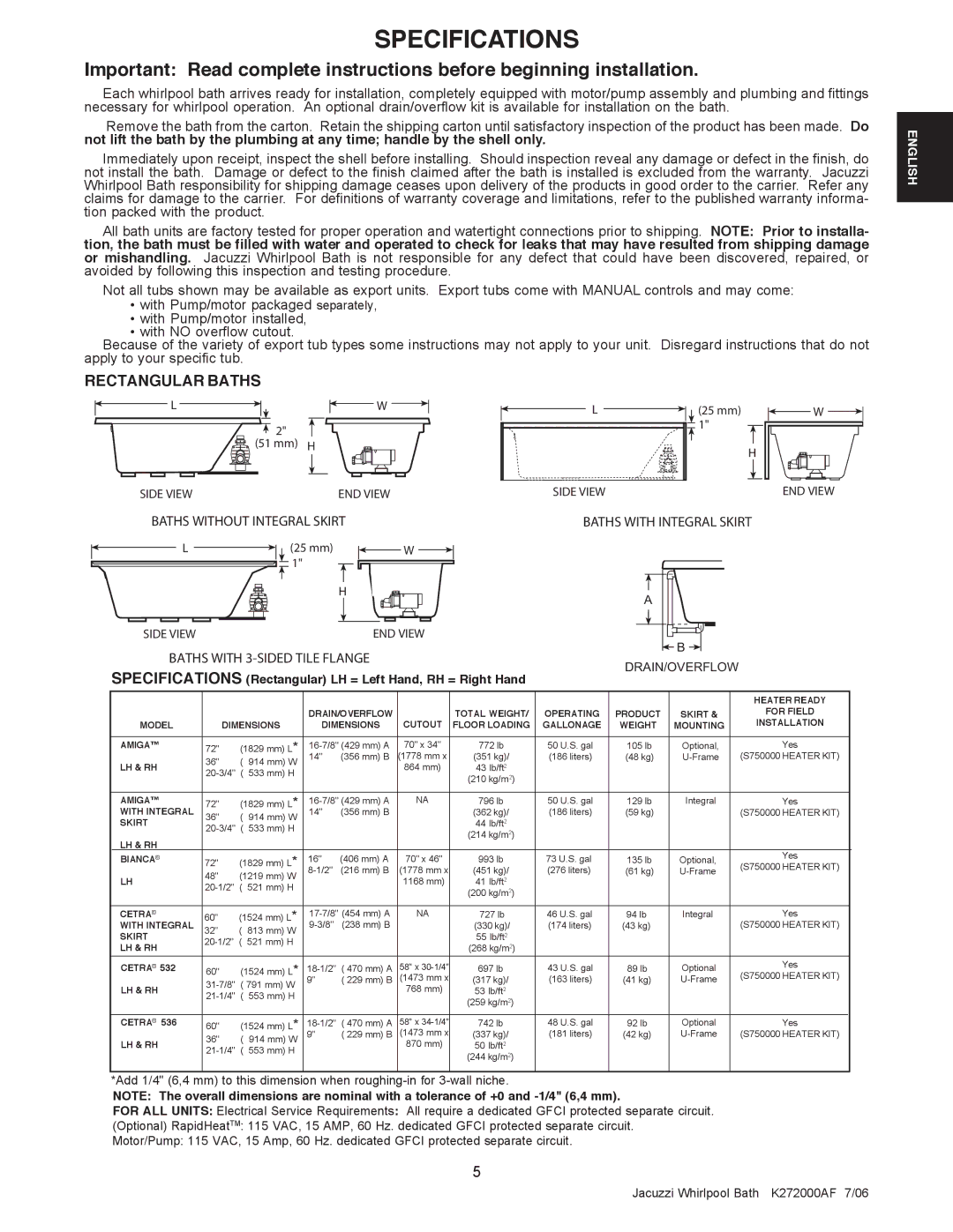 Jacuzzi K272000AF 7/06 manual Specifications, Rectangular Baths, Baths Without Integral Skirt, Drain/Overflow 