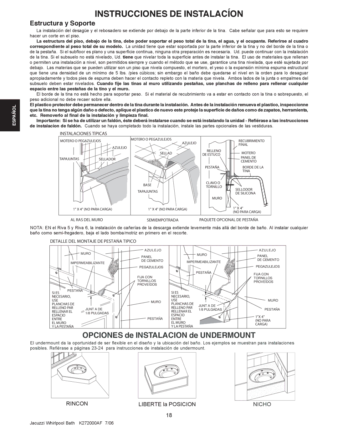 Jacuzzi K272000AF 7/06 manual Instrucciones DE Instalacíon, Estructura y Soporte, Instalaciones Típicas 