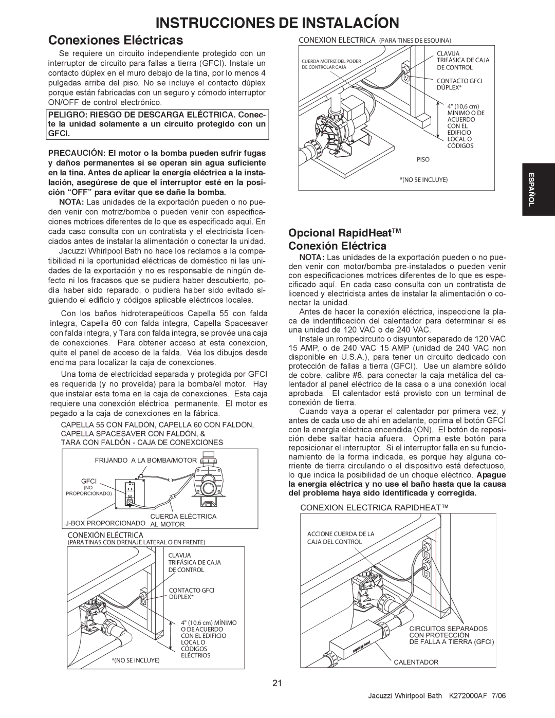 Jacuzzi K272000AF 7/06 manual Opcional RapidHeatTM Conexión Eléctrica 