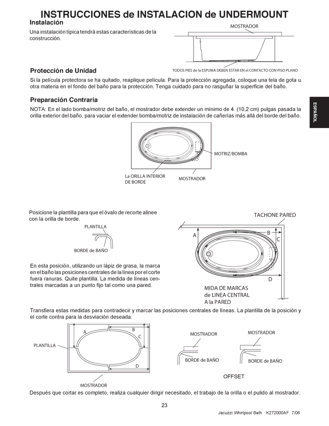 Jacuzzi K272000AF 7/06 manual Instalación, Protección de Unidad, Preparación Contraria 