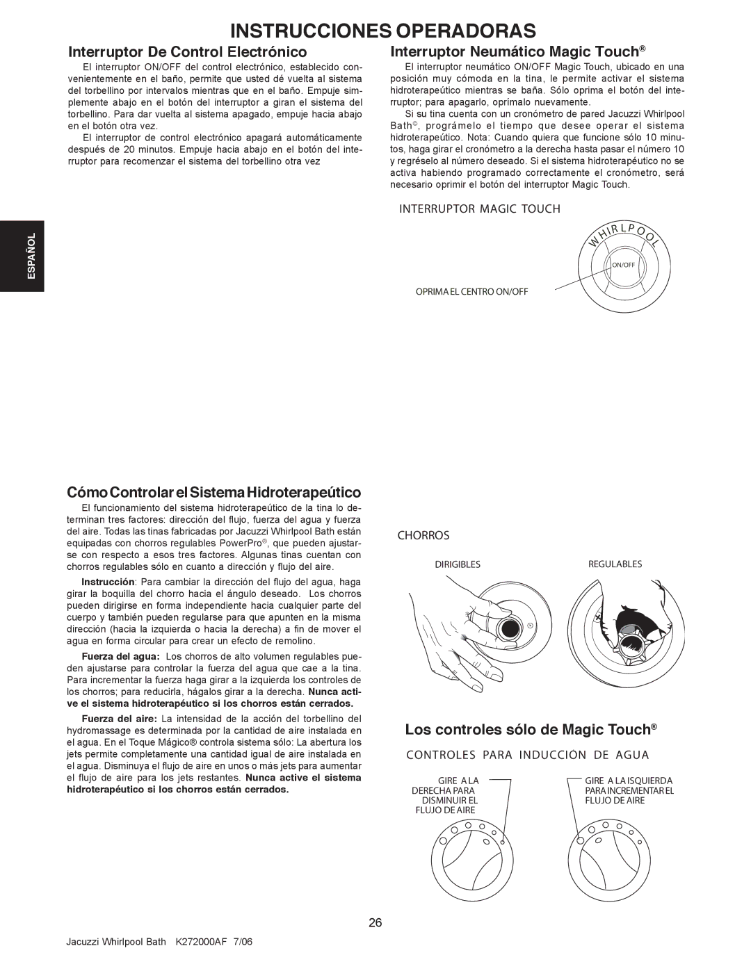 Jacuzzi K272000AF 7/06 manual Interruptor De Control Electrónico, Interruptor Neumático Magic Touch 