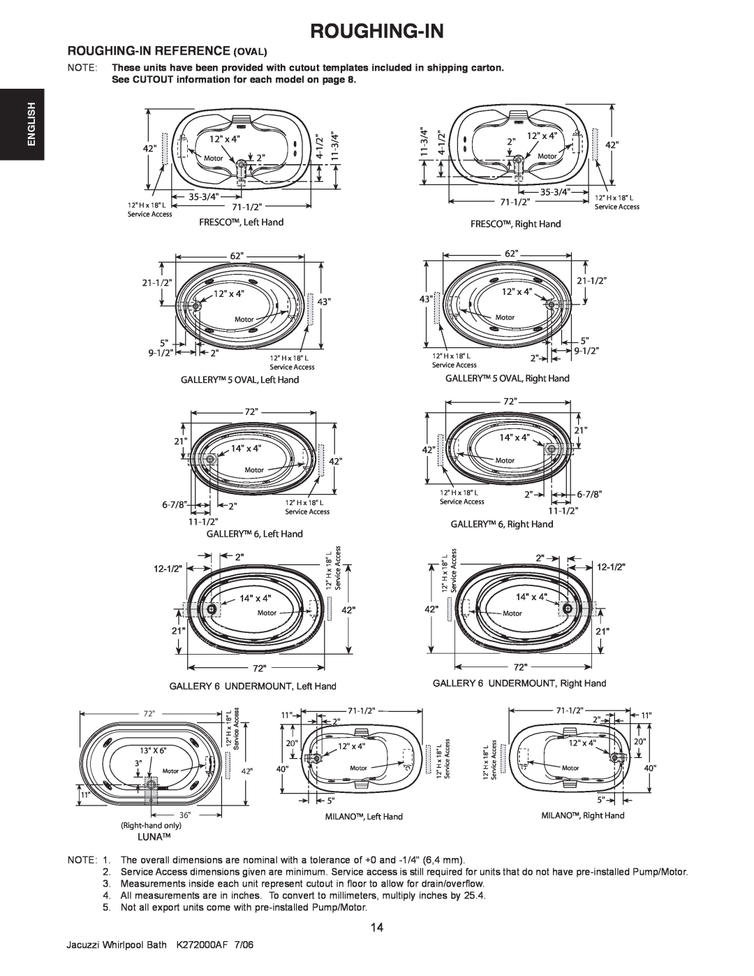 Jacuzzi K272000AF 7/06 manual Roughing-In Reference Oval, See CUTOUT information for each model on page, English 