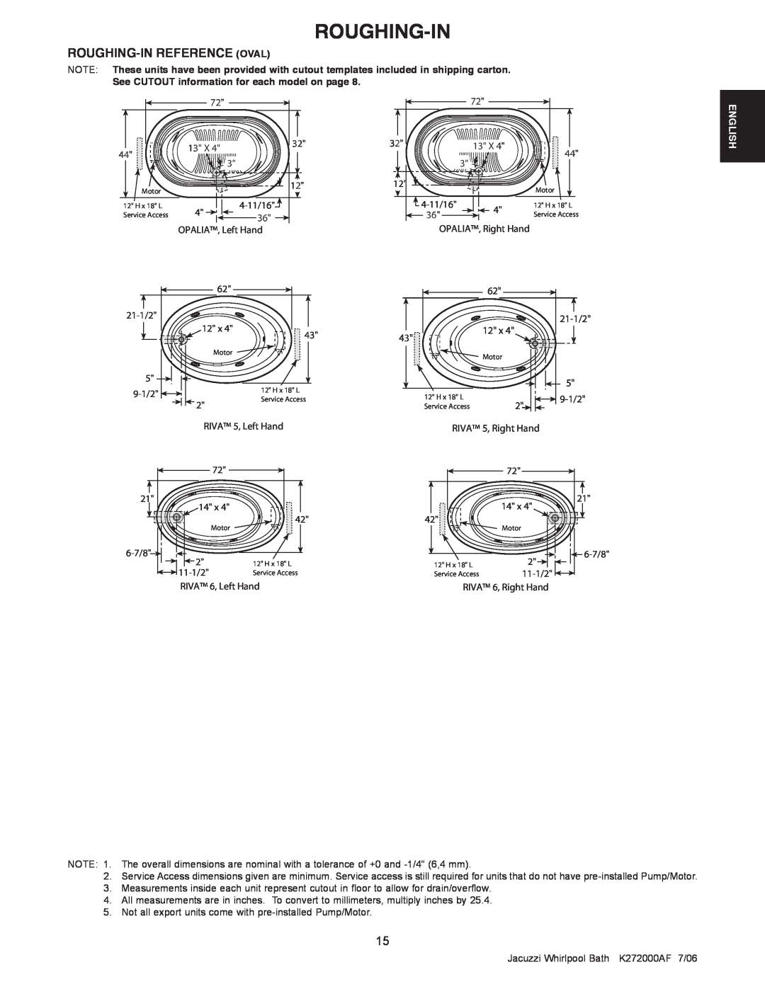 Jacuzzi K272000AF 7/06 Roughing-In Reference Oval, See CUTOUT information for each model on page, OPALIA, Left Hand 