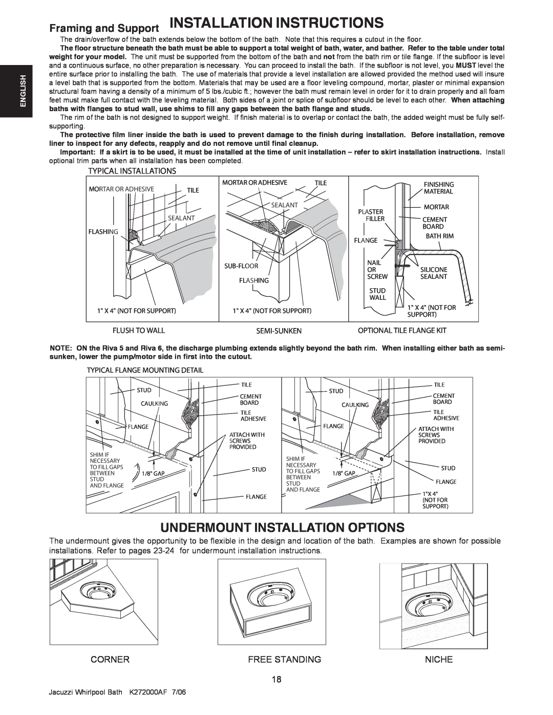 Jacuzzi K272000AF 7/06 manual Framing and Support INSTALLATION INSTRUCTIONS, Undermount Installation Options, Flush To Wall 