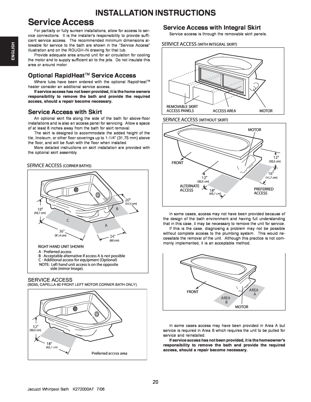 Jacuzzi K272000AF 7/06 manual Optional RapidHeatTM Service Access, Service Access with Skirt, Installation Instructions 