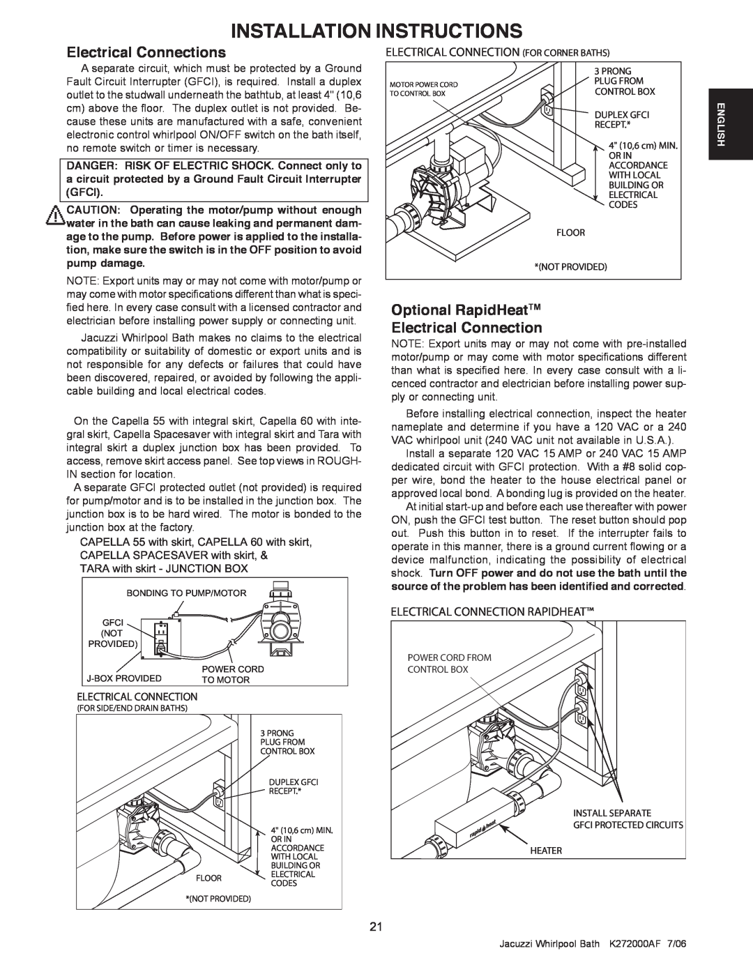 Jacuzzi K272000AF 7/06 manual Electrical Connections, Optional RapidHeatTM Electrical Connection, Installation Instructions 