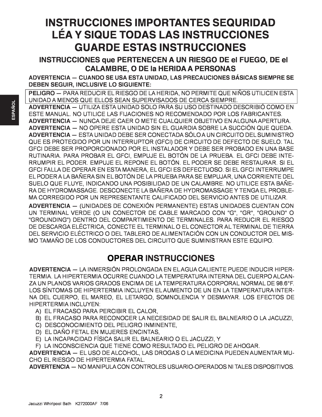 Jacuzzi K272000AF 7/06 manual Operar Instrucciones 
