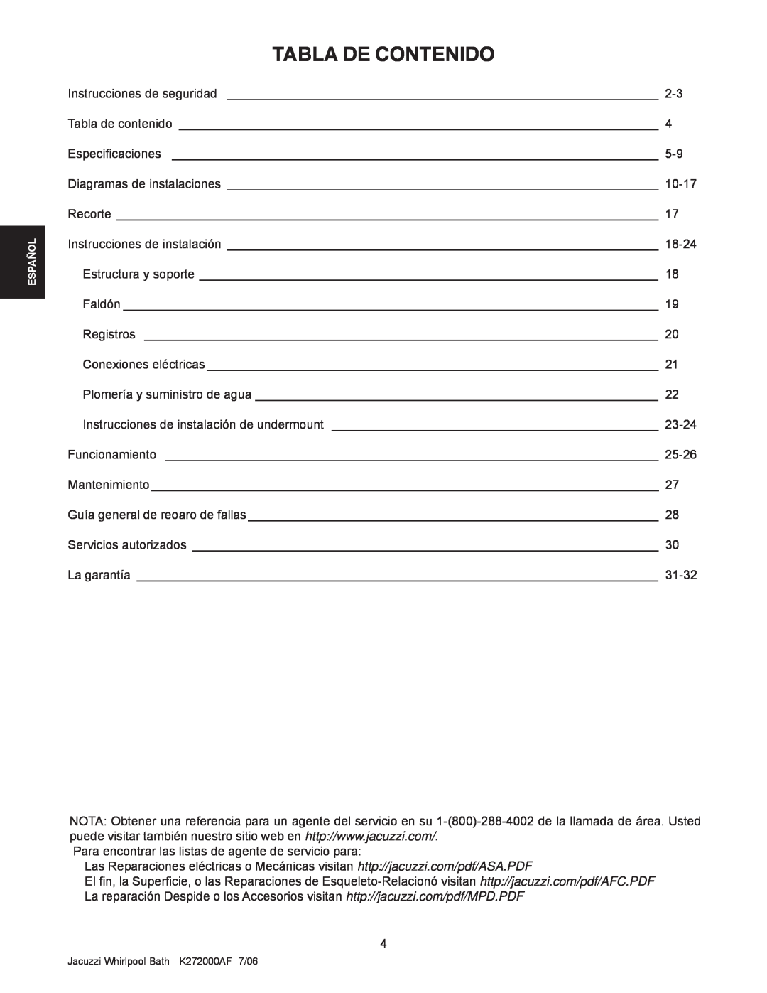 Jacuzzi K272000AF 7/06 manual Tabla De Contenido 