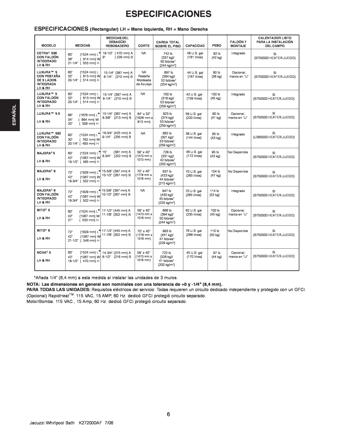 Jacuzzi K272000AF 7/06 Especificaciones, Español, ESPECIFICACIONES Rectangular LH = Mano Izquierda, RH = Mano Derecha 