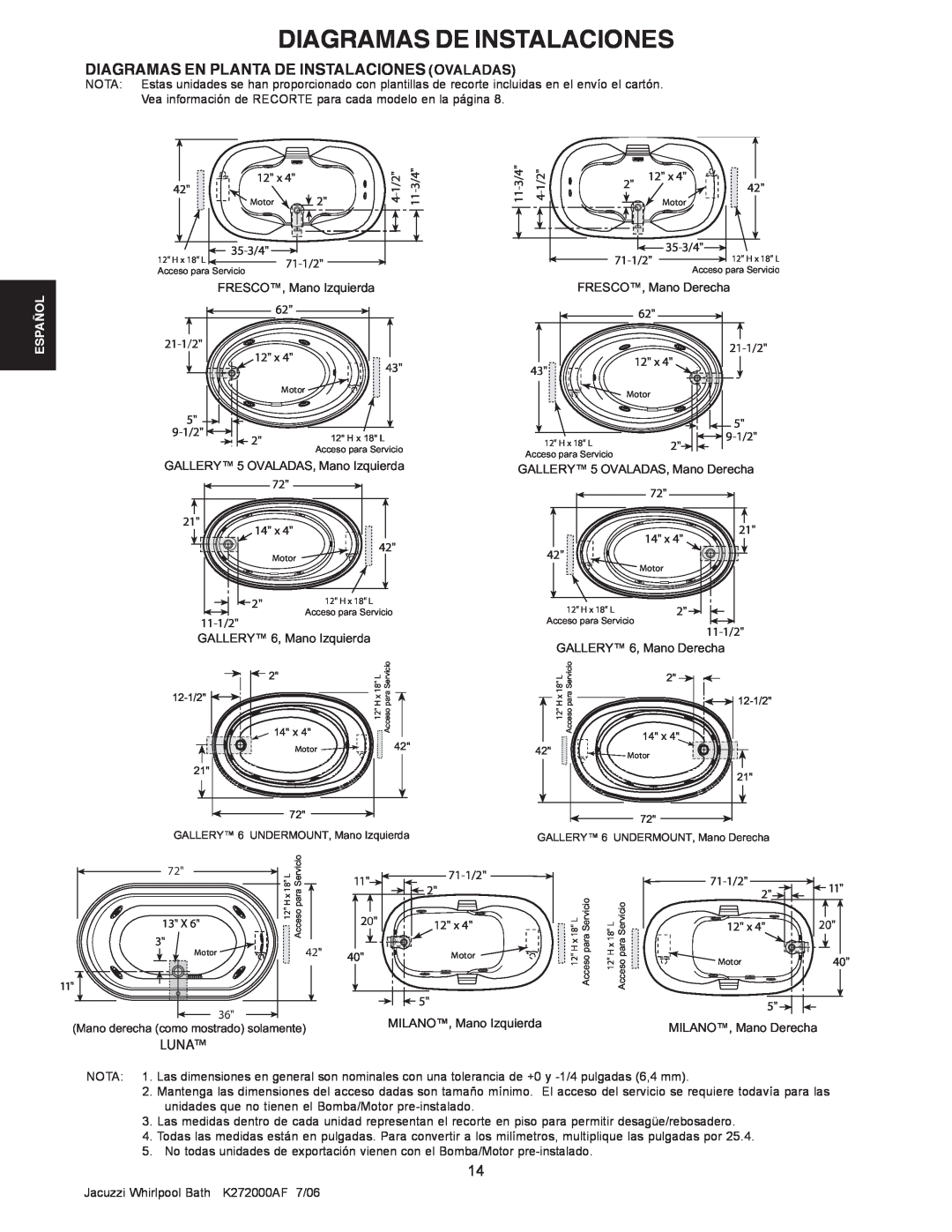 Jacuzzi K272000AF 7/06 manual Diagramas De Instalaciones, Diagramas En Planta De Instalaciones Ovaladas, Luna, Español 