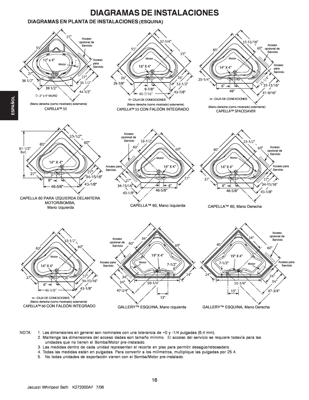 Jacuzzi K272000AF 7/06 manual Diagramas De Instalaciones, Diagramas En Planta De Instalaciones Esquina, Español, Capella 
