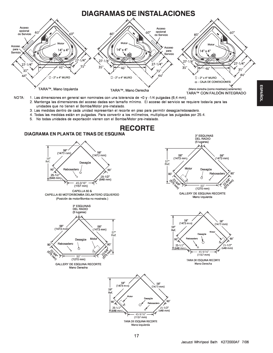 Jacuzzi K272000AF 7/06 manual Recorte, Diagramas De Instalaciones, Diagrama En Planta De Tinas De Esquina, 22 575- 5/8 mm 