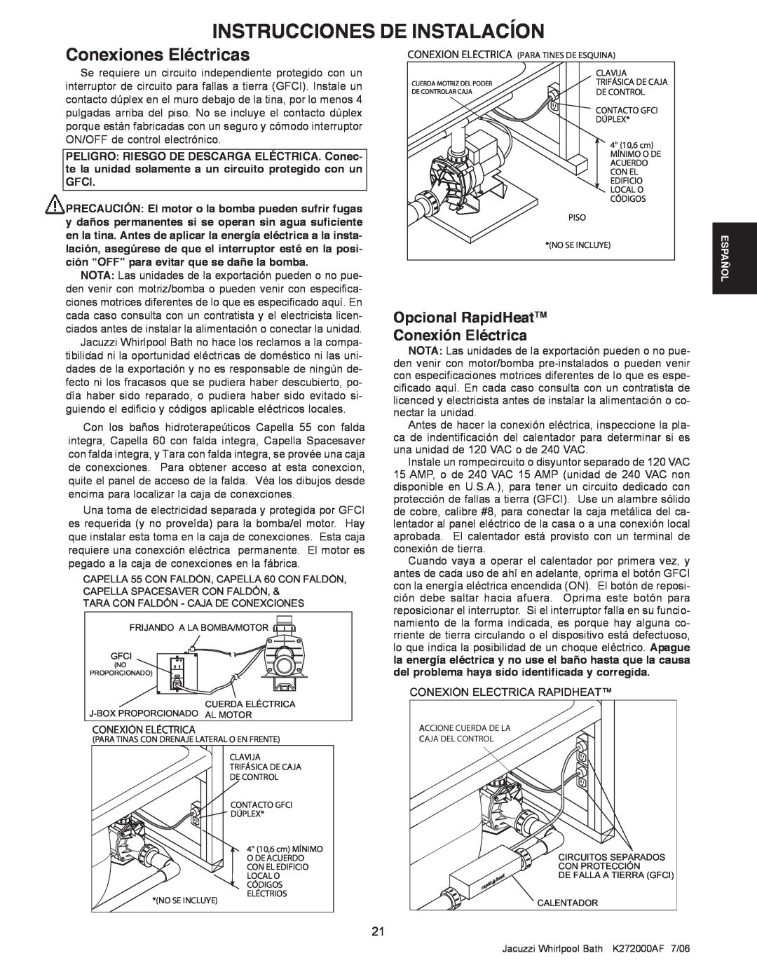 Jacuzzi K272000AF 7/06 manual Conexiones Eléctricas, Opcional RapidHeatTM Conexión Eléctrica, Instrucciones De Instalacíon 
