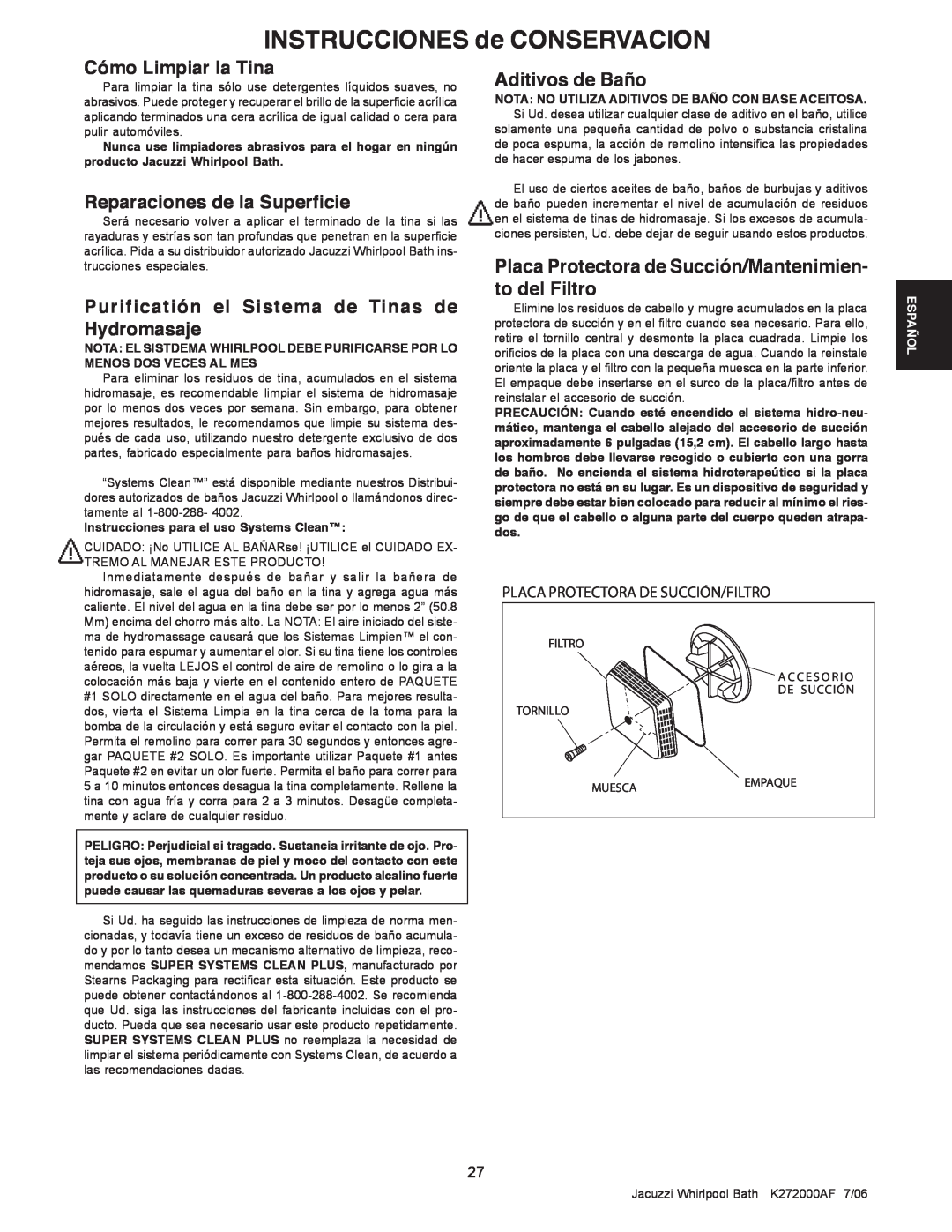 Jacuzzi K272000AF 7/06 manual INSTRUCCIONES de CONSERVACION, Cómo Limpiar la Tina, Reparaciones de la Superficie, Español 