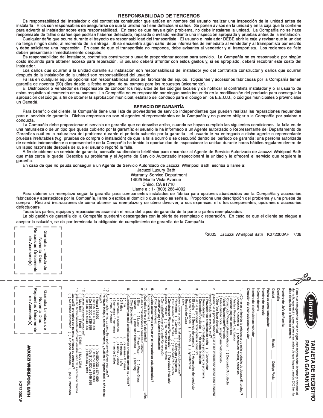 Jacuzzi K272000AF 7/06 manual Tarjeta De Registro Para La Garantía, Responsabilidad De Terceros, Servicio De Garantía 