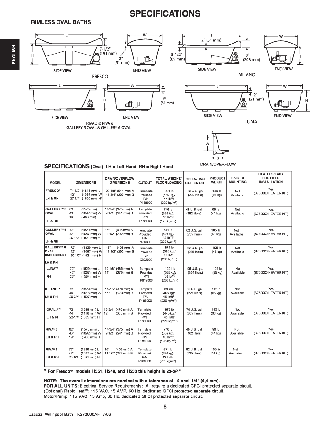 Jacuzzi K272000AF 7/06 manual Specifications, Rimless Oval Baths, Luna, Fresco, English, RIVA 5 & RIVA 