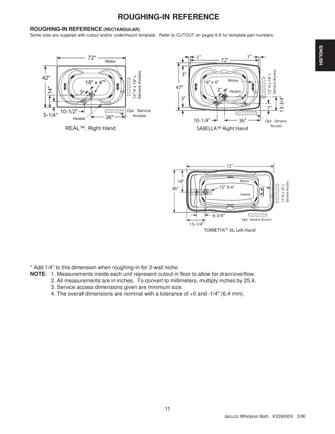 Jacuzzi K339000X manual Sabella Right Hand 