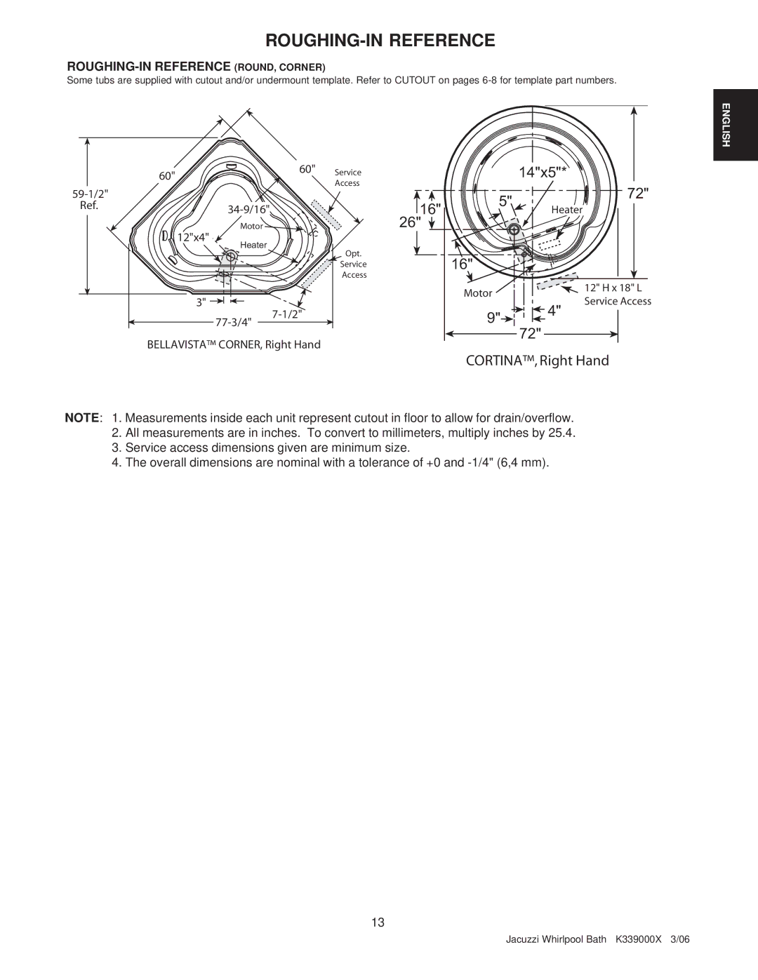 Jacuzzi K339000X manual CORTINA, Right Hand, ROUGHING-IN Reference ROUND, Corner 