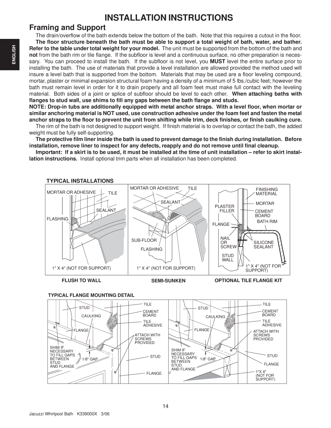 Jacuzzi K339000X manual Installation Instructions, Framing and Support 